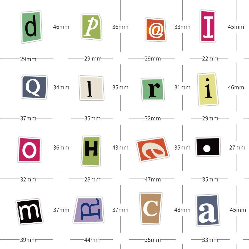 Various alphabet and number stickers with dimensions shown, including letters 'd', 'p', 'Q', 'r', 'O', 'H', 'm', 'R', 'C', 'a', and numbers '1', '@', 'I', 'e', and a dot.