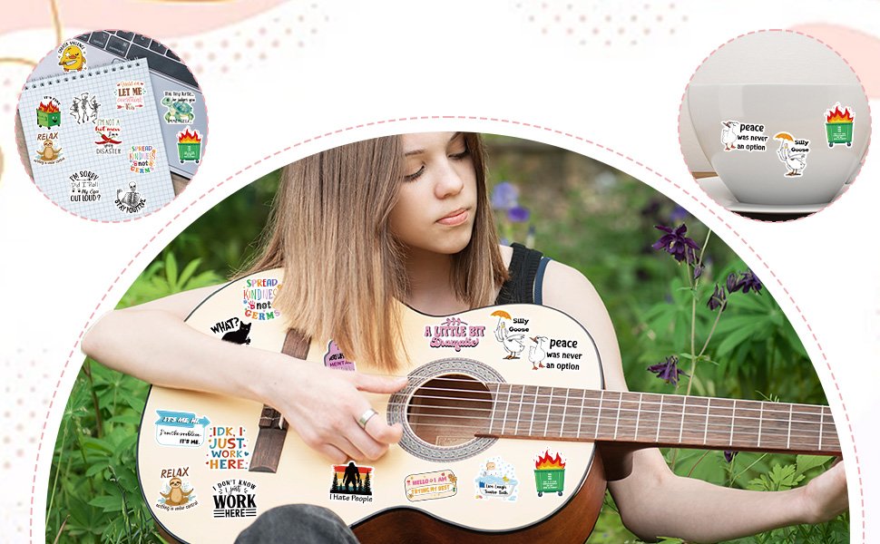 Young woman playing guitar with various funny vinyl stickers applied to the guitar and in inset circular images showing stickers on a notebook and a mug.