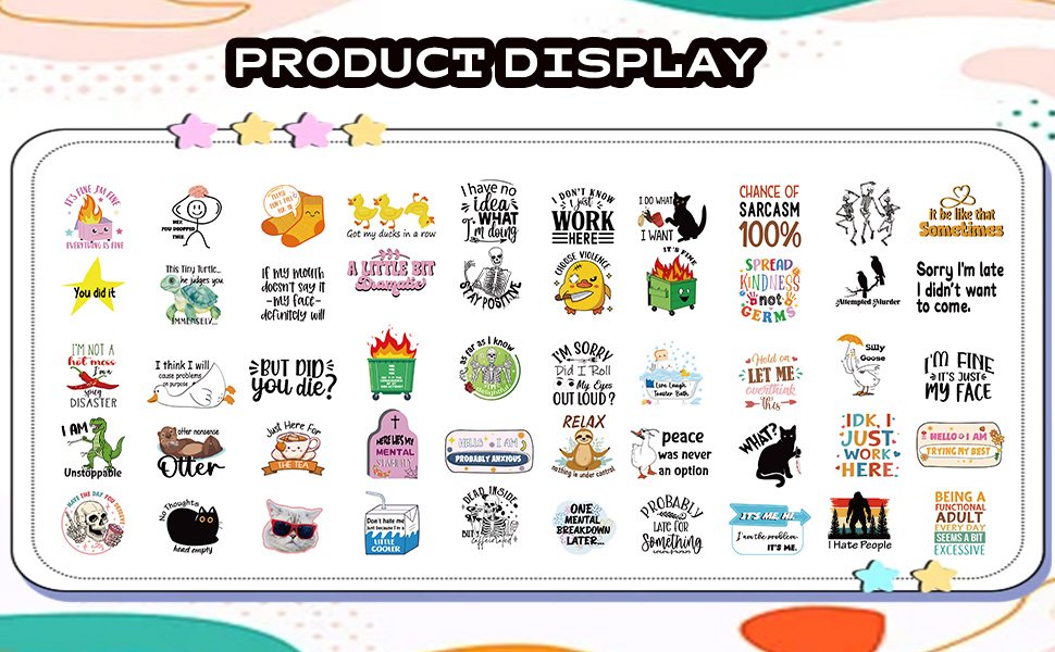 Collage of 200 funny vinyl stickers with various designs and text, displayed on a white background.
