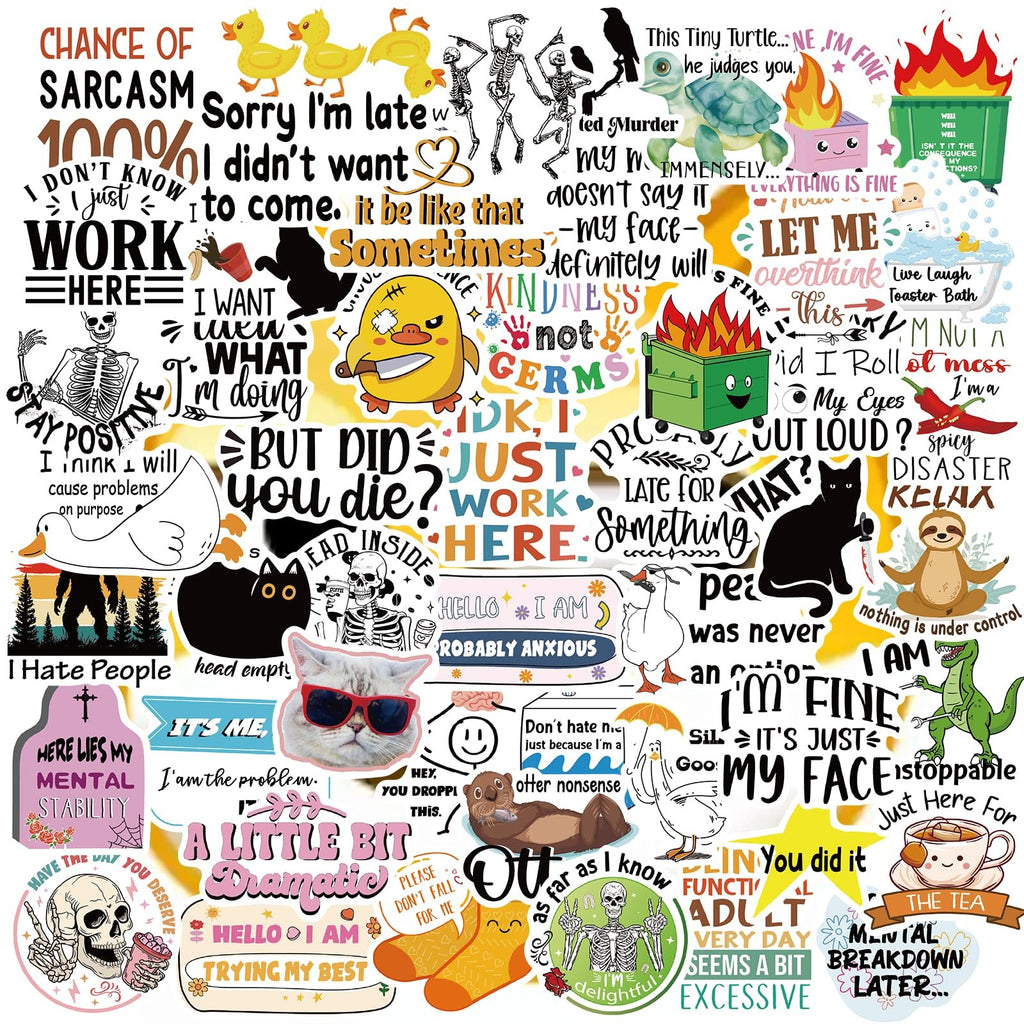 Collage of various funny and relatable vinyl stickers featuring cats, skeletons, ducks, sloths, and text-based humor.