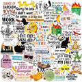 Collage of various funny and relatable vinyl stickers featuring cats, skeletons, ducks, sloths, and text-based humor.