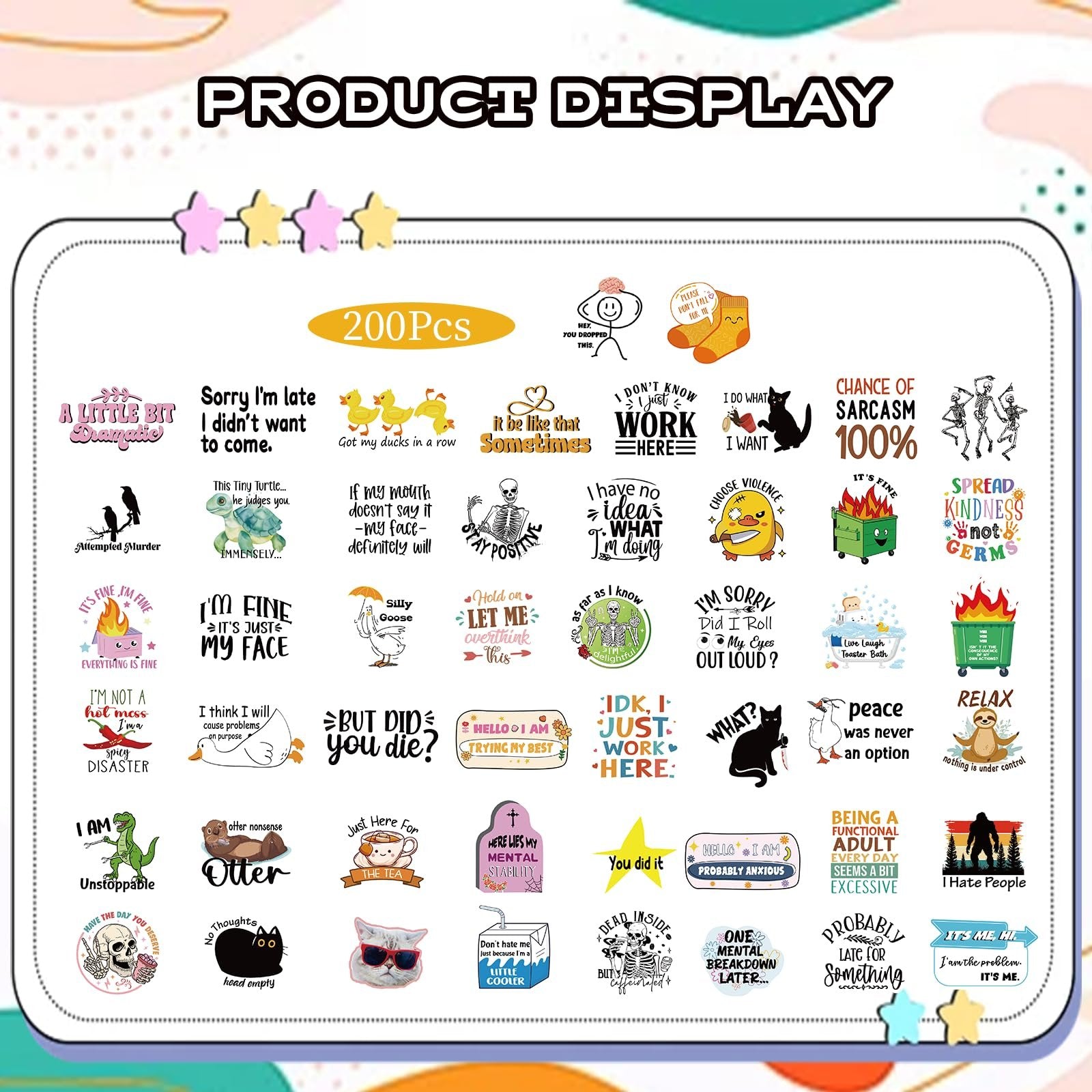 A collection of 200 funny vinyl stickers with 50 unique designs, displayed on a white background.