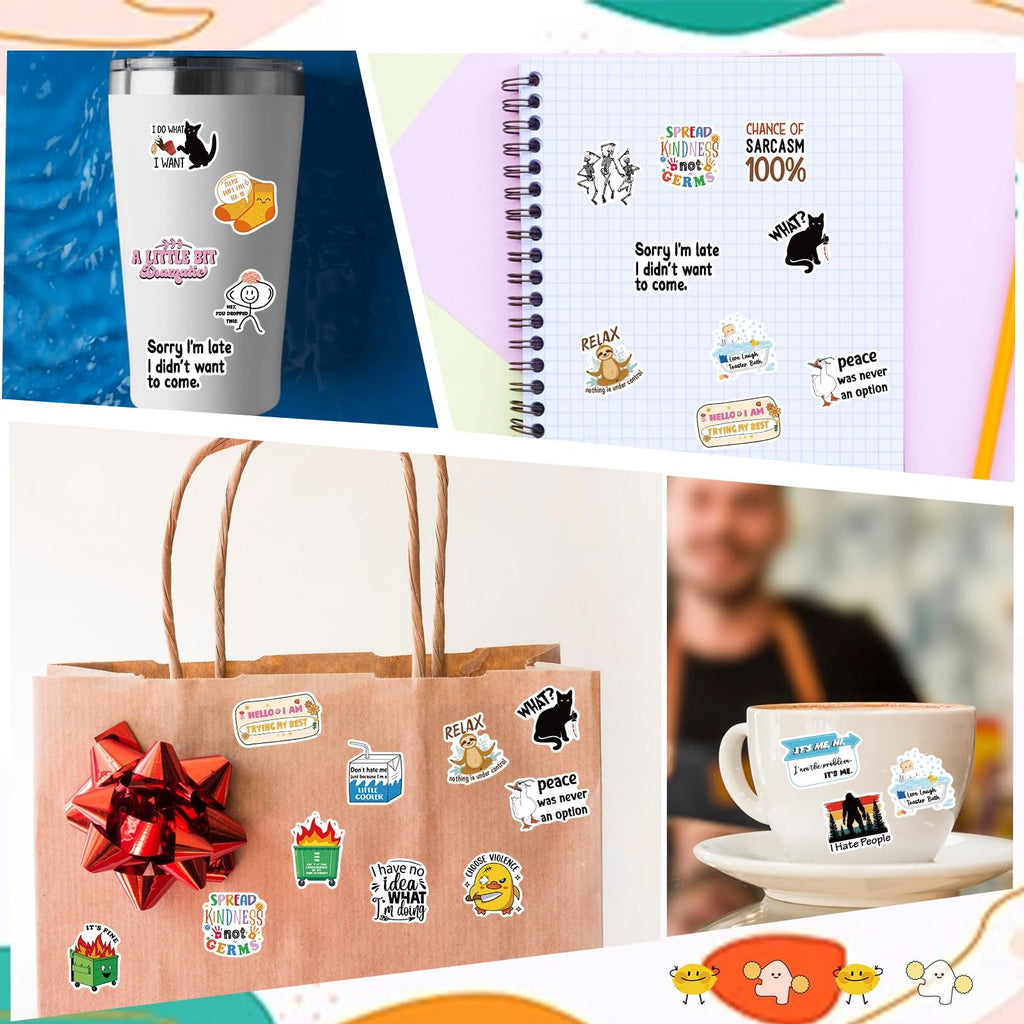 Collage of various funny vinyl stickers applied to a tumbler, notebook, gift bag, and coffee cup.