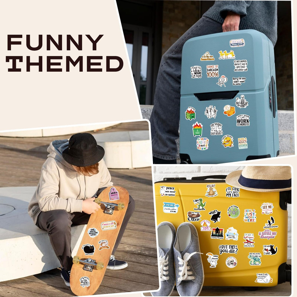 Collage of lifestyle images showing funny themed vinyl stickers applied to luggage and a skateboard.