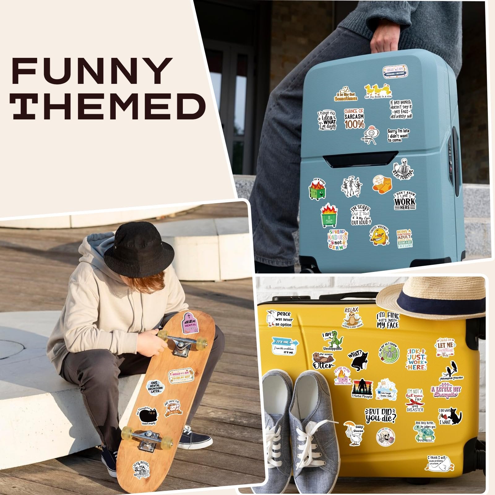 Collage of lifestyle images showing funny themed vinyl stickers applied to luggage and a skateboard.