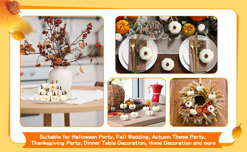 Collage of mini white foam pumpkins used in fall decor, including a stack with autumn leaves, a table setting, a display with a basket, and a wreath.