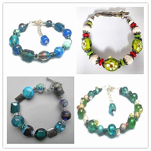 Four assorted handmade glass bead bracelets in blue, green, and white color palettes, displayed on a white background.