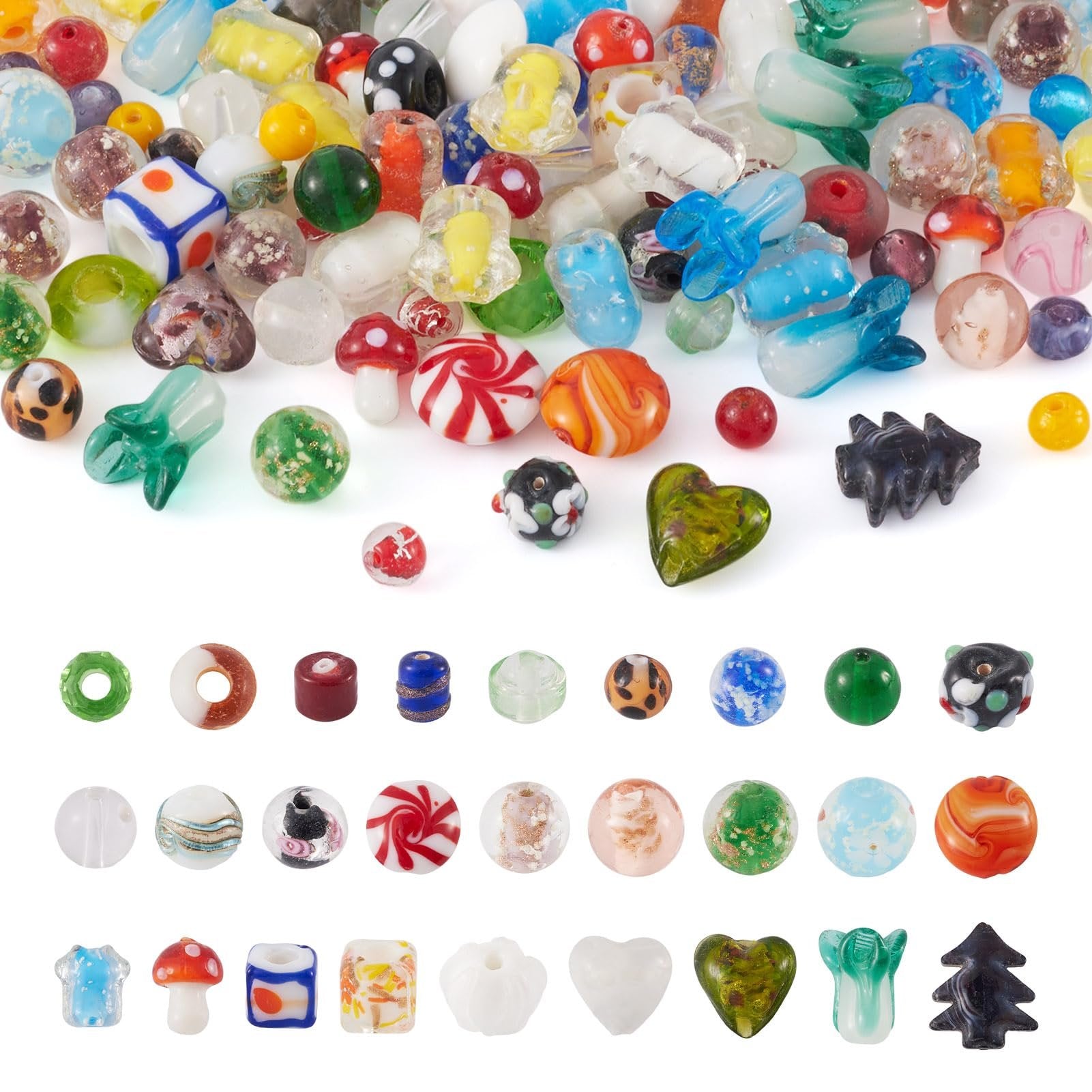 Assortment of colorful lampwork glass beads in various shapes including round, heart, mushroom, and animal figures, displayed in rows.