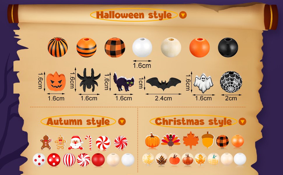 Assortment of craft beads in Halloween, Autumn, and Christmas styles, with dimensions shown for some Halloween shapes.