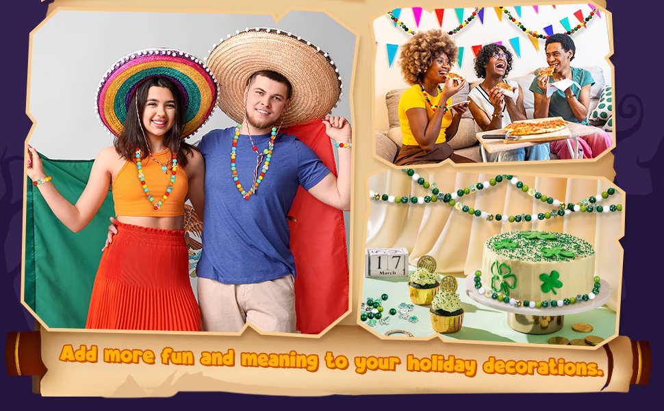 Collage of St. Patrick's Day themed images including people in festive attire, a party with pizza, and a decorated cake with cupcakes.