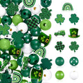 Assortment of St. Patrick's Day themed wooden beads and charms including shamrocks, rainbows, leprechaun hats, and trucks.