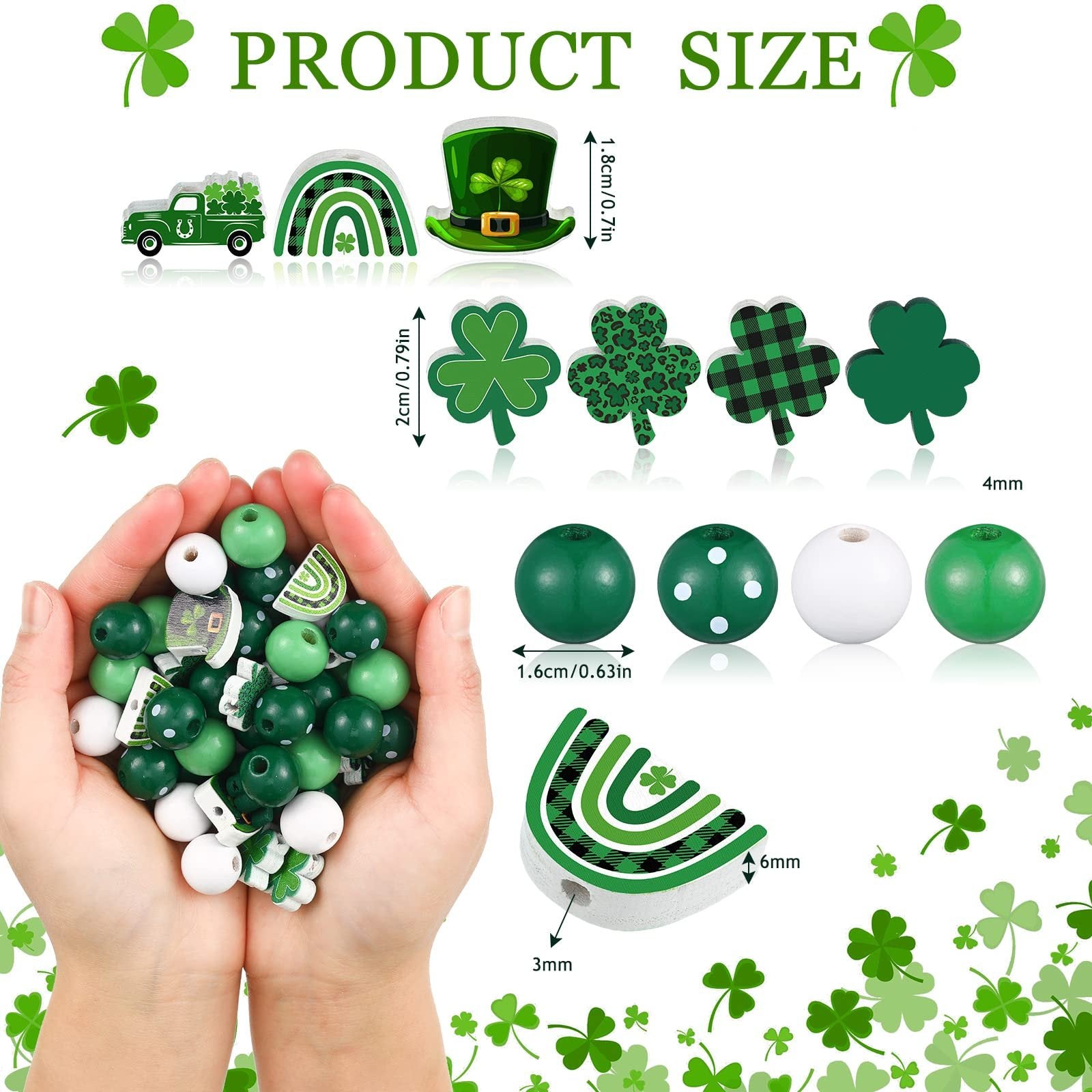 Hands holding St. Patrick's Day themed wooden beads and charms, with product size callouts.