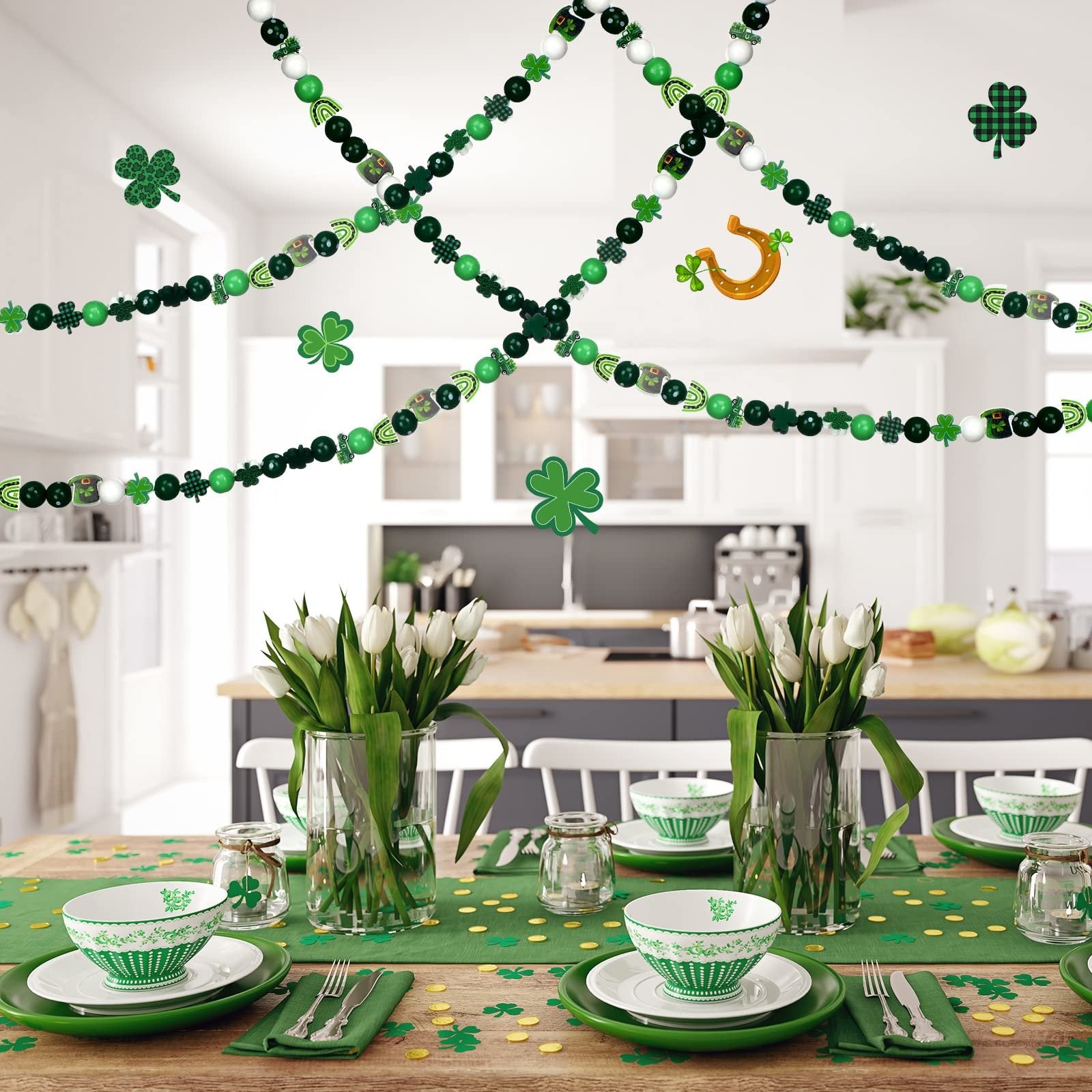 St. Patrick's Day themed table setting with beaded garlands and shamrock decorations