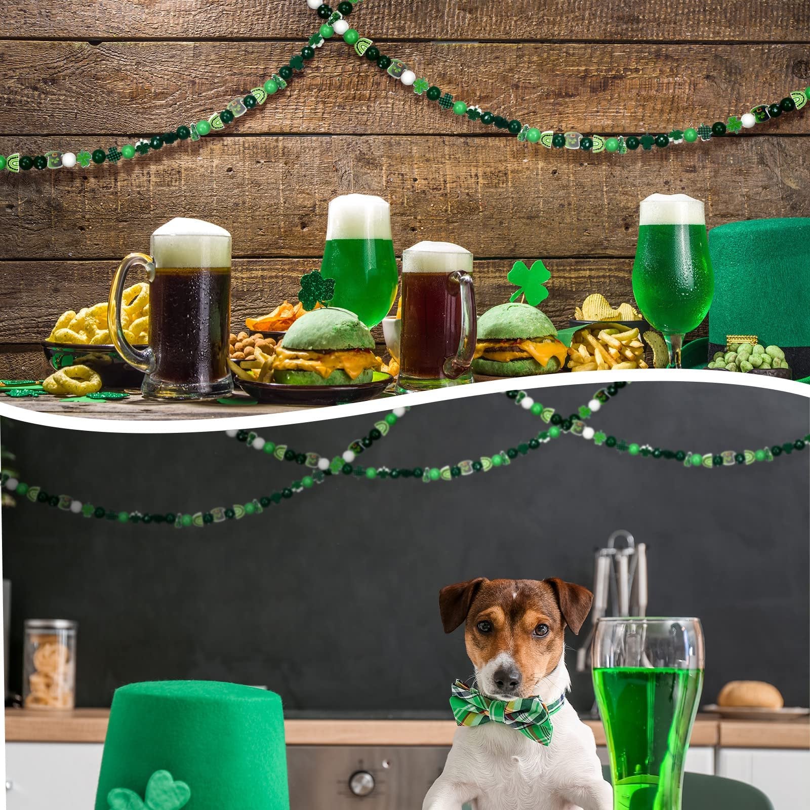 St. Patrick's Day themed scene with green beer, burgers, snacks, and a dog wearing a bow tie, with festive garland overhead.
