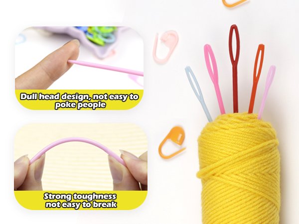Set of colorful sewing needles and stitch markers stuck in a ball of yellow yarn, with close-ups showing needle design and flexibility.