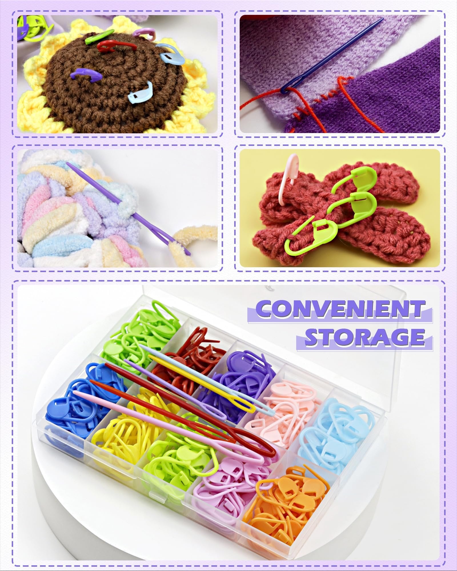 Collage of knitting and crochet projects with colorful stitch markers and sewing needles in a storage box.