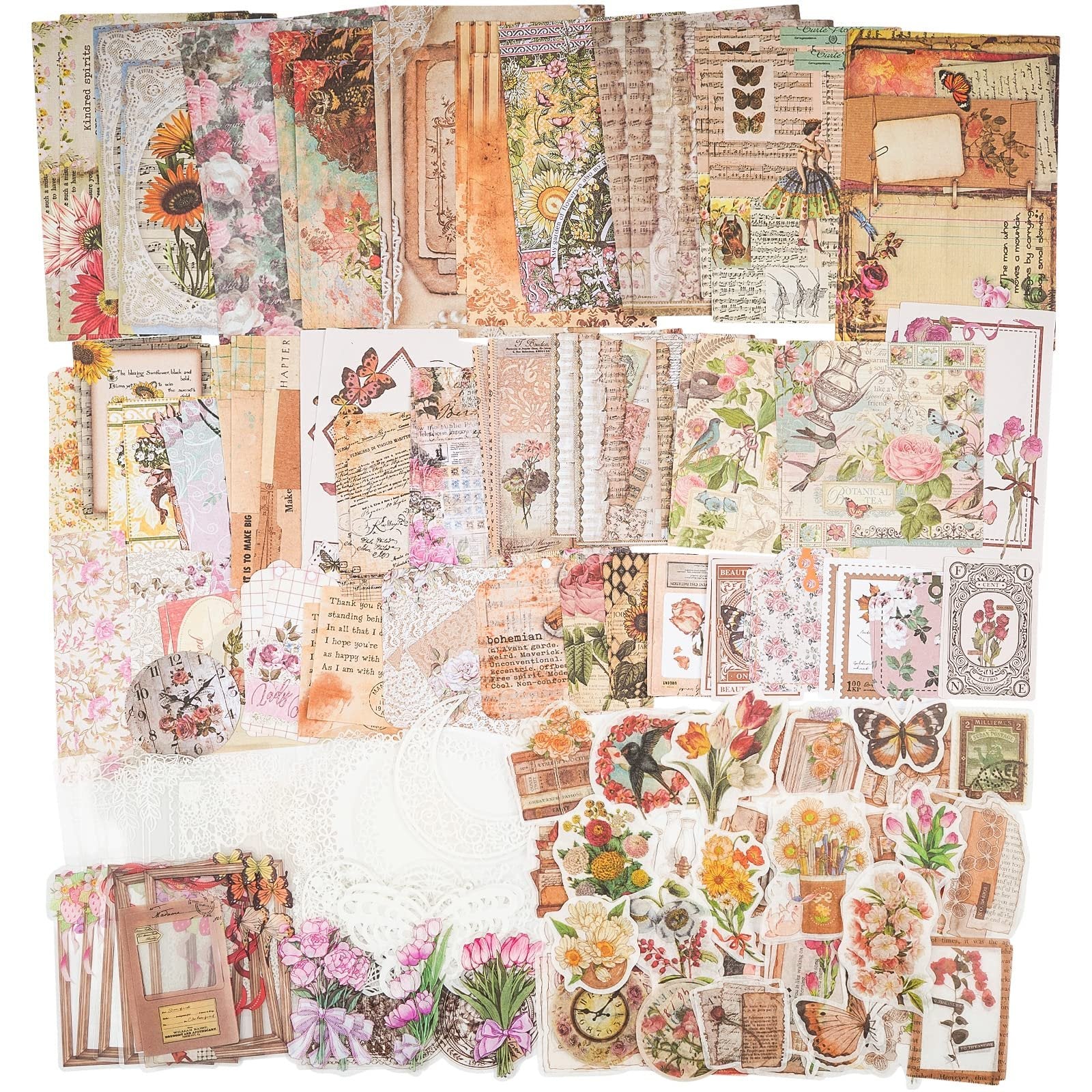 Collage of vintage-themed paper ephemera, stickers, and lace elements with floral, butterfly, and script designs.