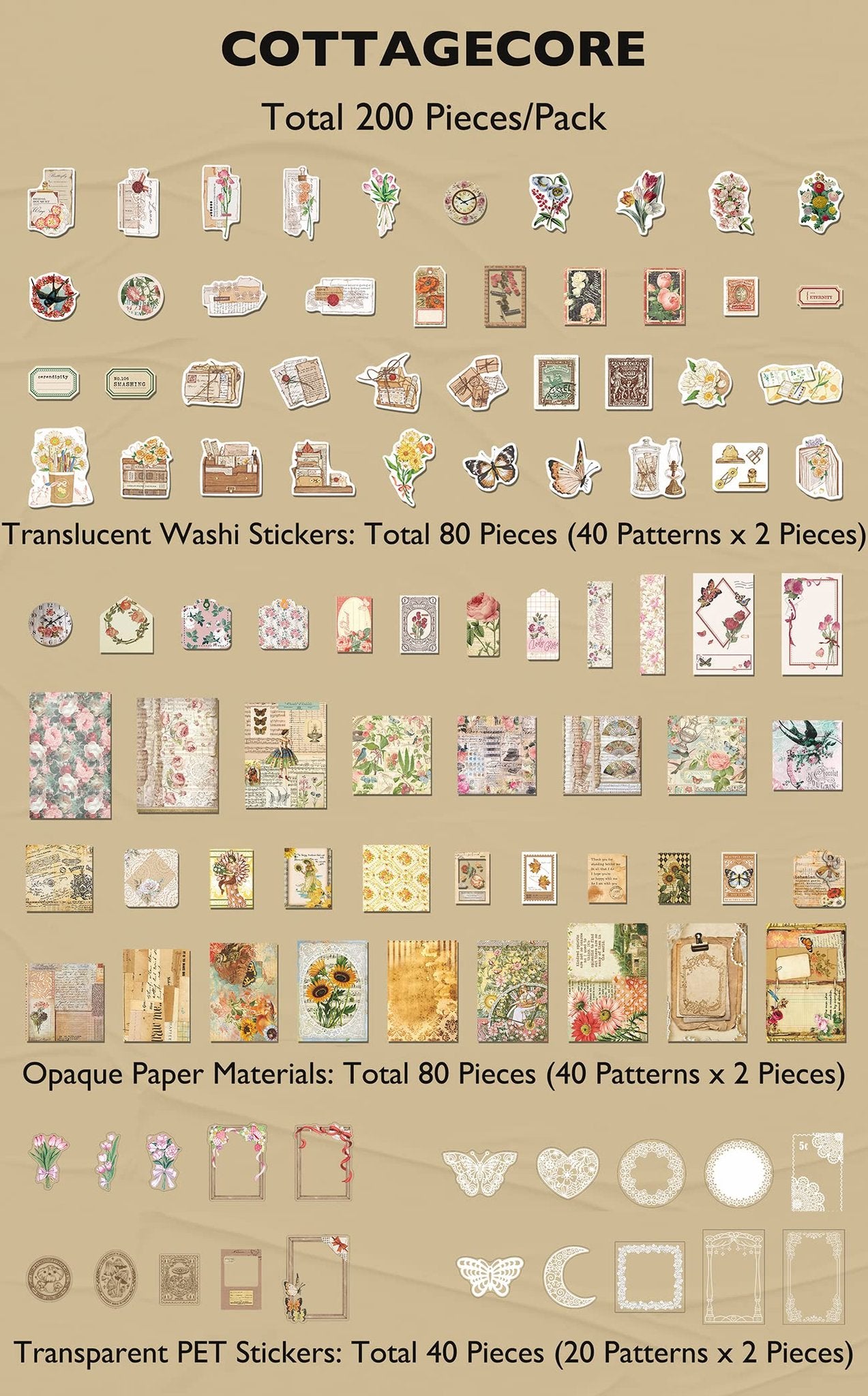 Collage of vintage ephemera stickers and paper for journaling, featuring floral, butterfly, and stationery designs.