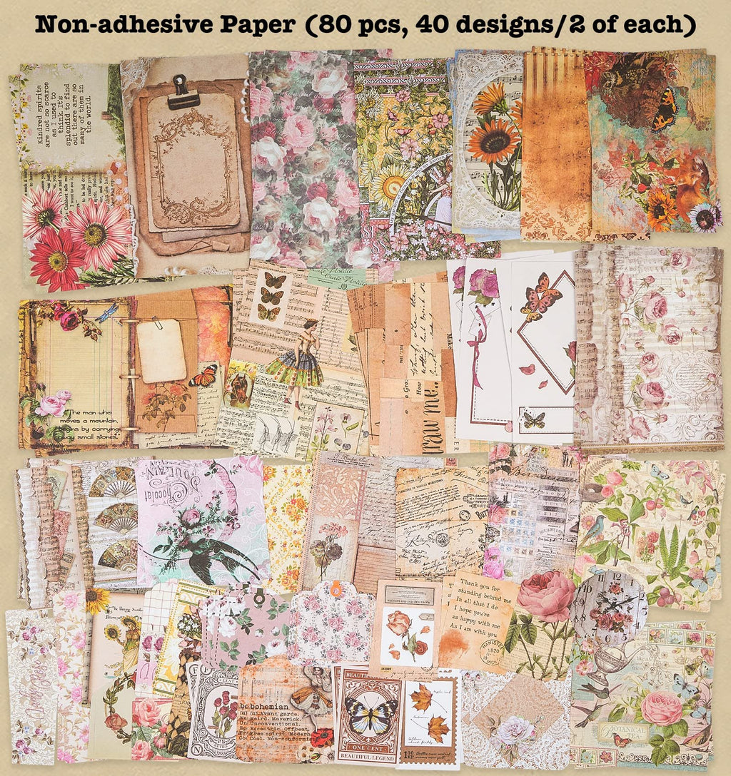 Collage of various vintage-themed non-adhesive paper sheets with floral, script, and butterfly designs.