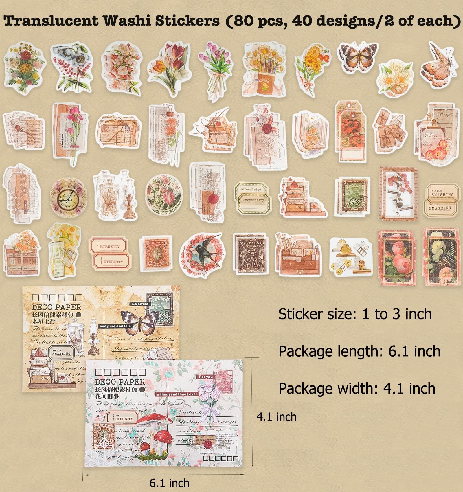 Collage of translucent washi stickers featuring floral, butterfly, and vintage paper designs, with size and package dimensions.