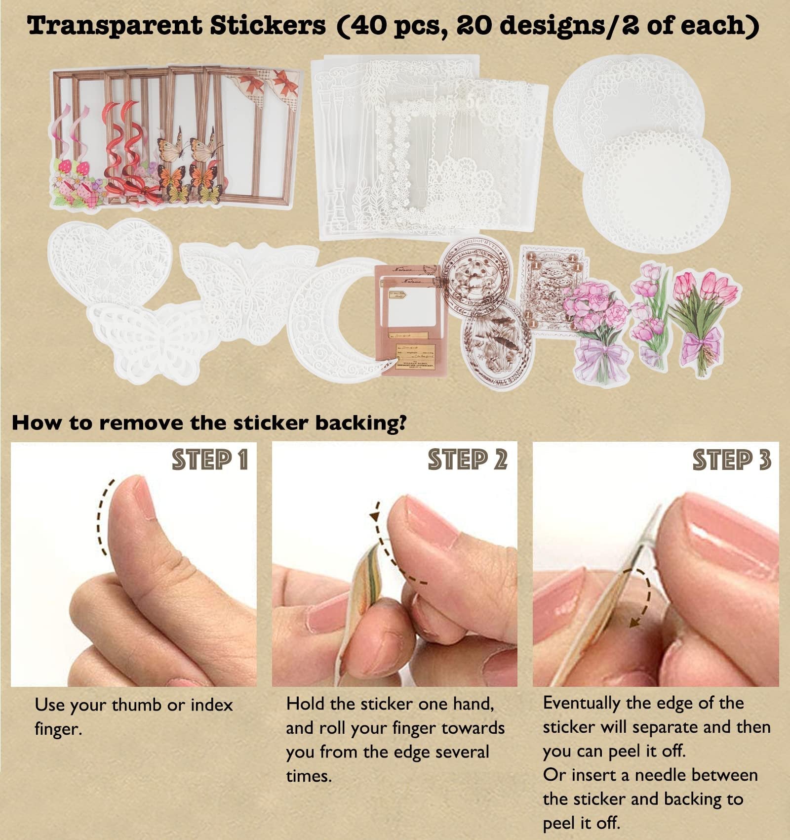 Collection of transparent stickers and instructions on how to remove sticker backing.