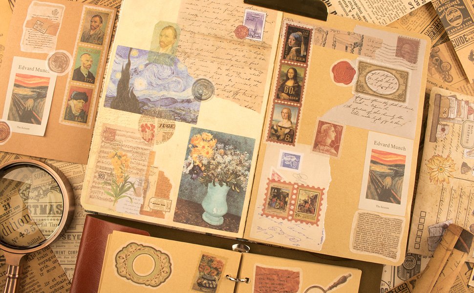 Scrapbook pages filled with vintage-style stickers and ephemera, including famous paintings and stamps.