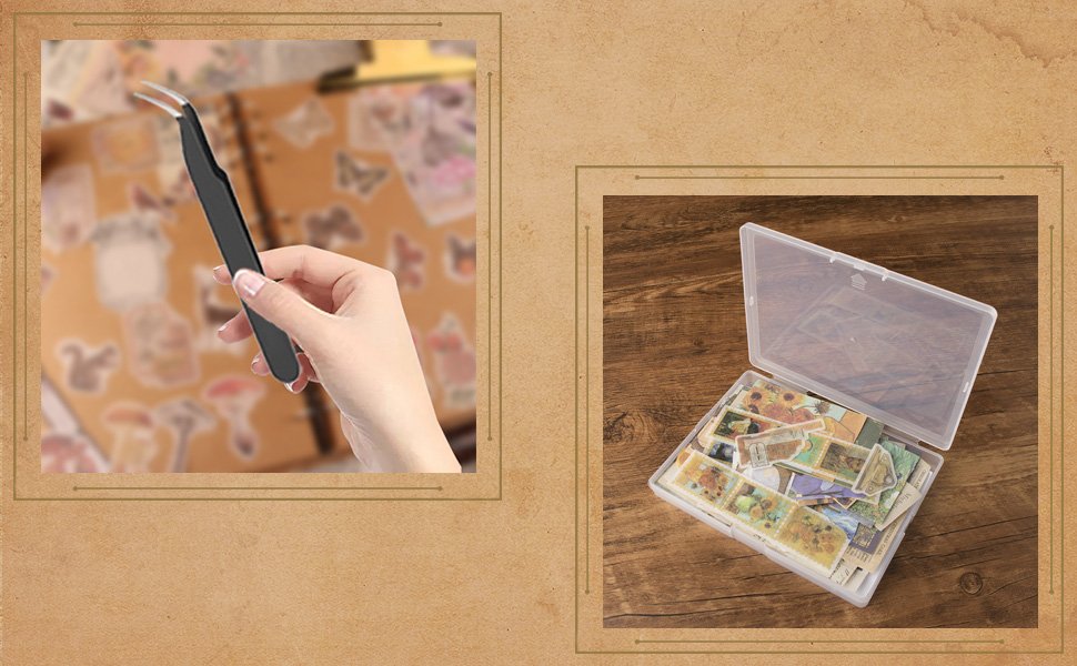 Hand holding tweezers over a scrapbook page with vintage stickers, and a clear storage box filled with assorted stickers.