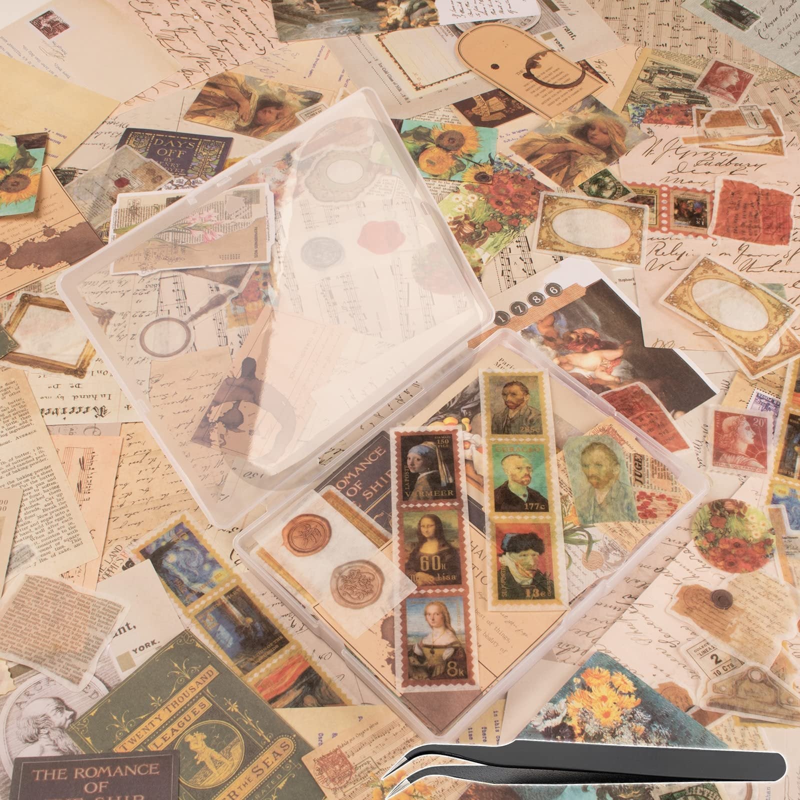 A flat lay of vintage scrapbook stickers and ephemera, including postage stamps, portraits, and floral designs, arranged around a clear plastic storage box.