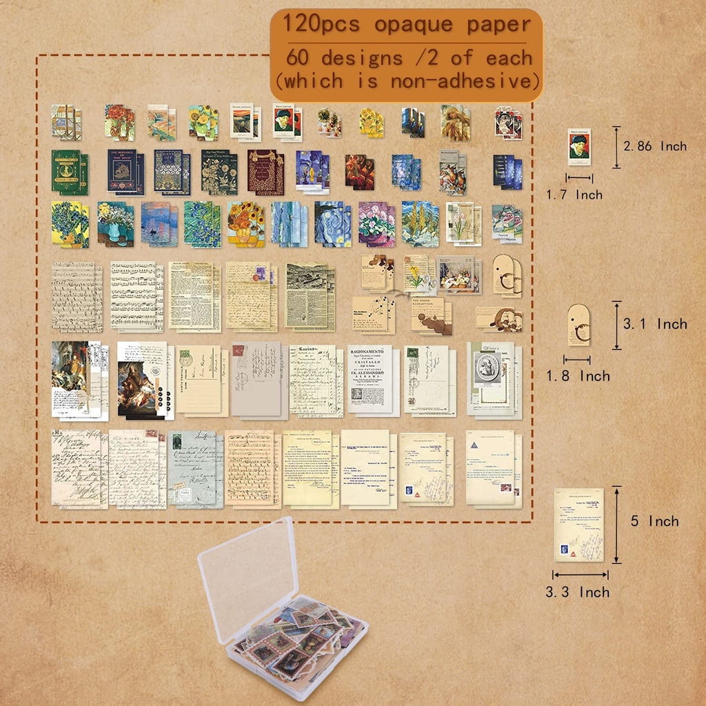 Vintage scrapbook stickers and ephemera kit contents with size callouts and storage box
