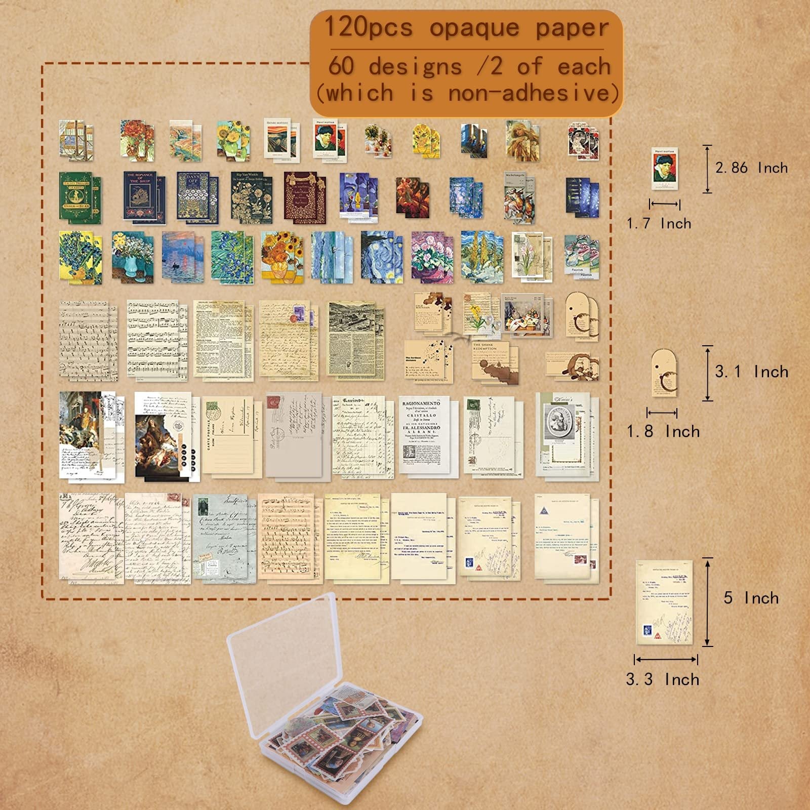 Vintage scrapbook stickers and ephemera kit contents with size callouts and storage box