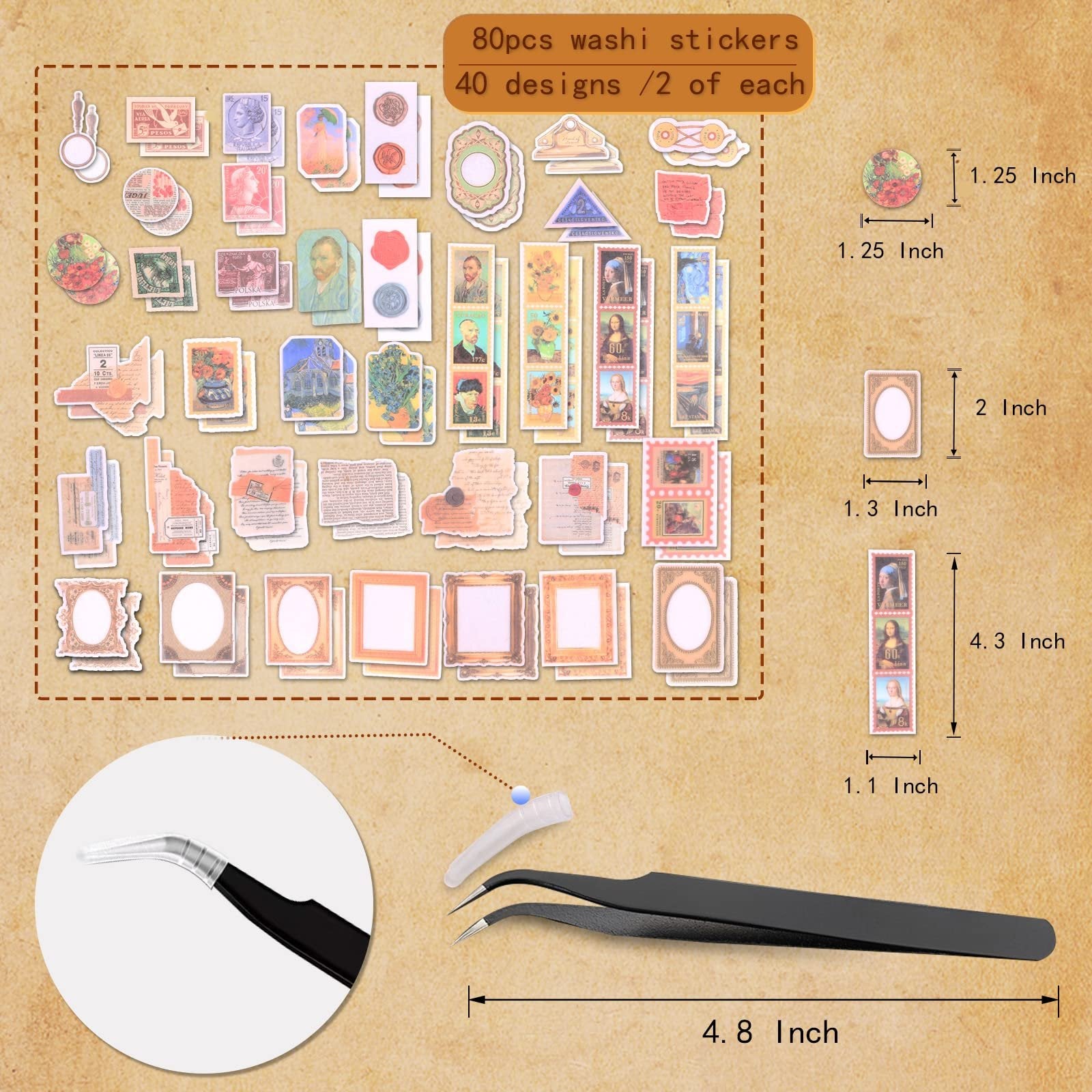 Vintage scrapbook stickers and ephemera kit with tweezers and size callouts. Includes stamp, portrait, and frame designs.