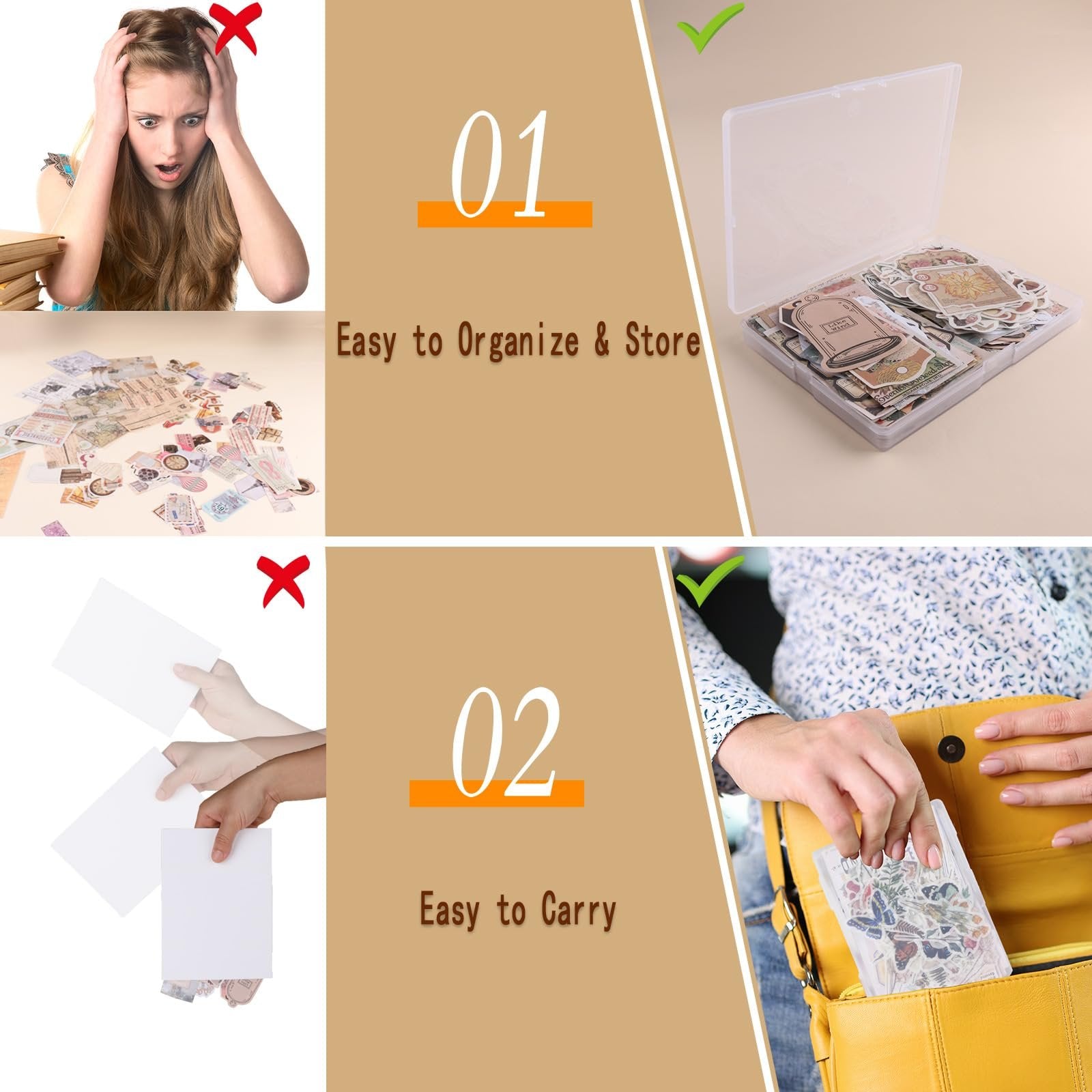 Collage showing scrapbook stickers organized in a box and being placed in a purse, with text overlays.