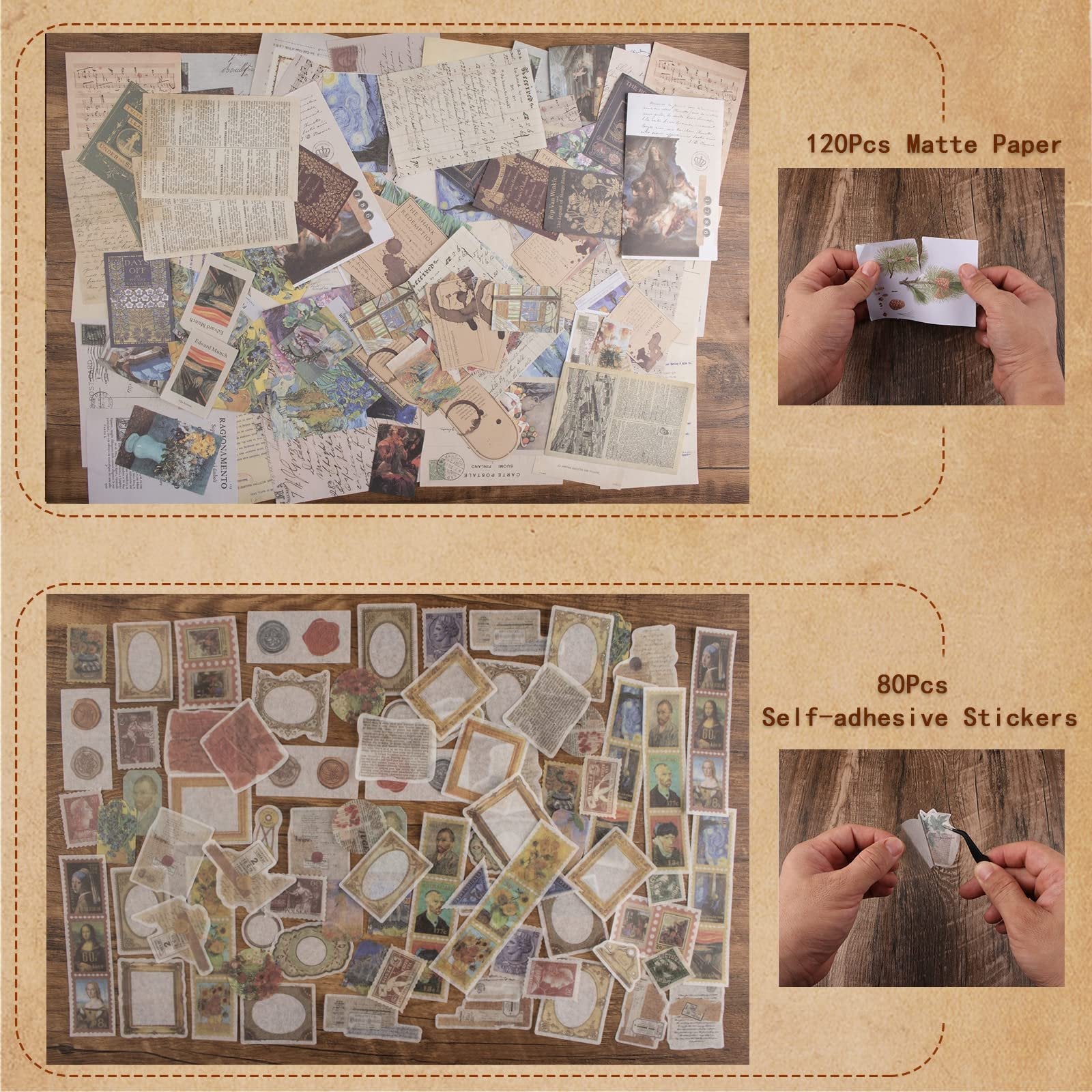 Collage of vintage scrapbook stickers and ephemera, including stamps, postcards, and artwork, with inset images of hands holding stickers.