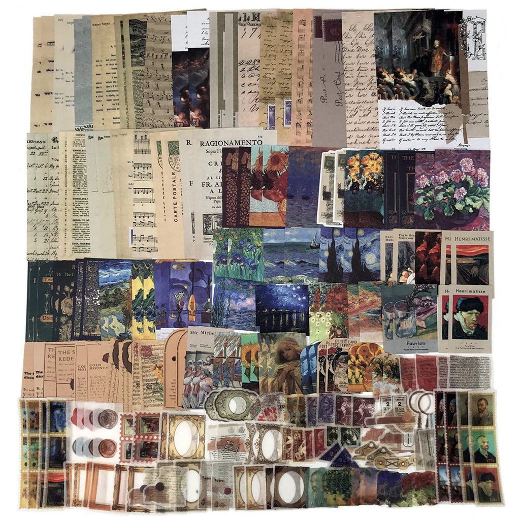 Flat lay of a vintage scrapbooking kit featuring various papers, stickers, and art prints with classical and impressionist themes.