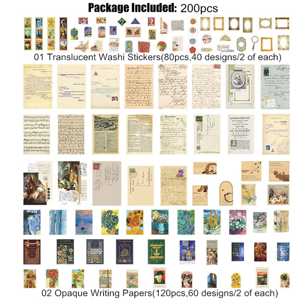 Collage of vintage-style stickers and papers for scrapbooking, showing various designs and text.