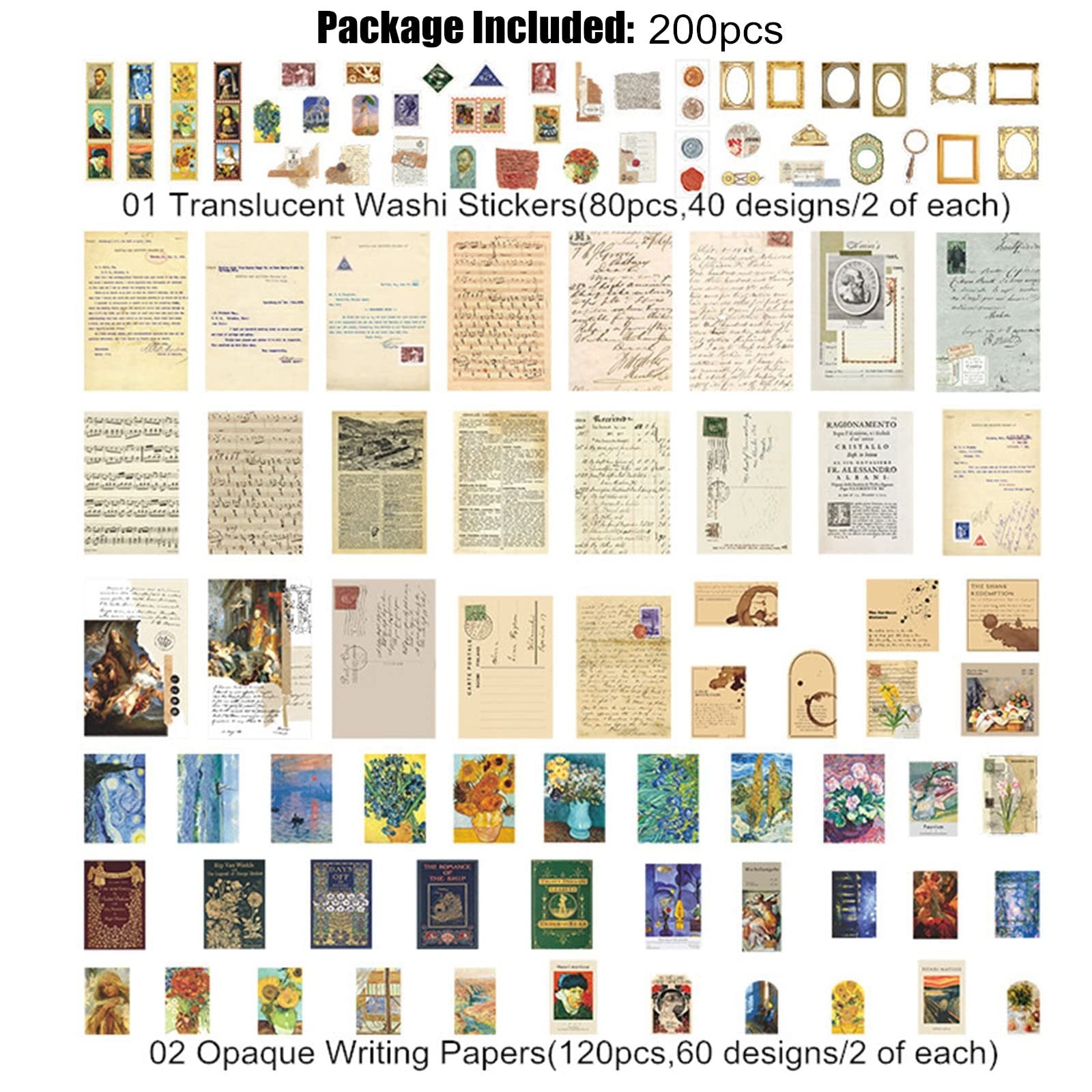 Collage of vintage-style stickers and papers for scrapbooking, showing various designs and text.
