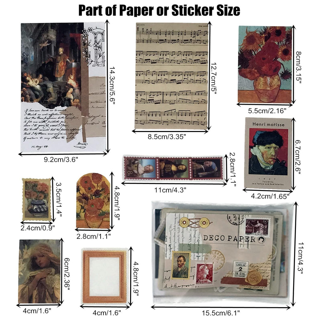 Scrapbooking kit components with dimensions shown, including vintage art prints, sheet music, postage stamps, and decorative paper.