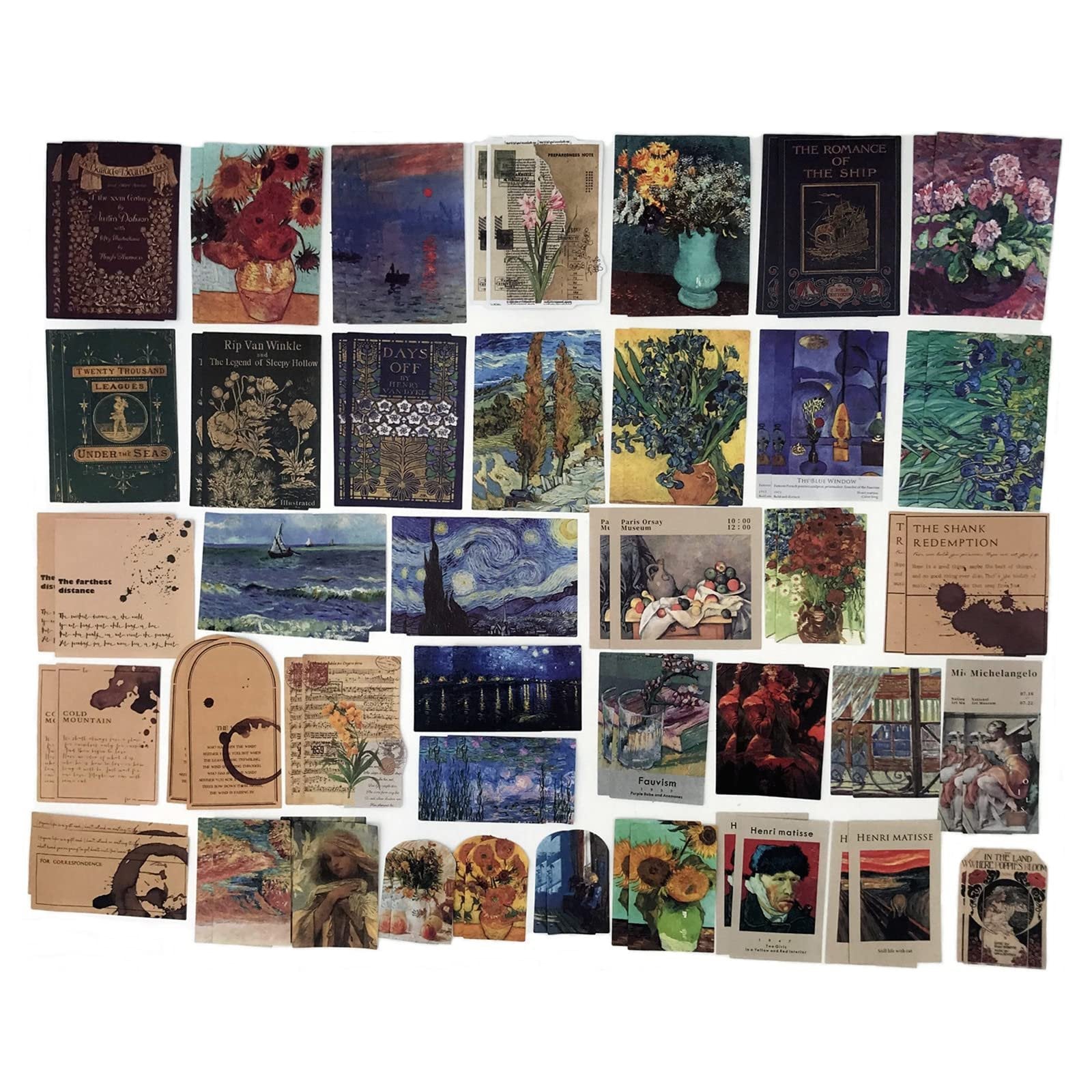 Collage of vintage art prints and stickers featuring famous paintings and book covers.