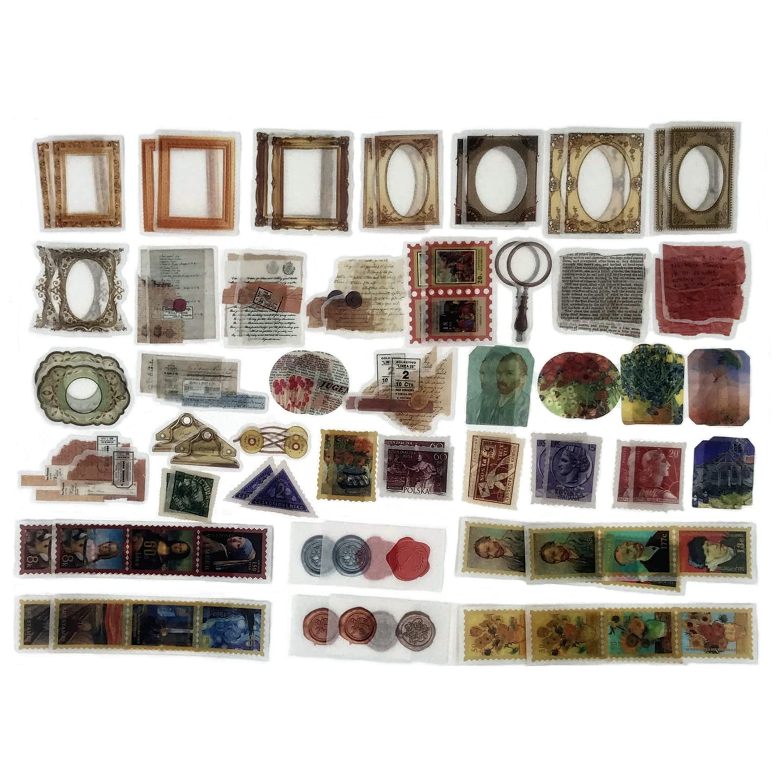 Collection of vintage-style stickers including ornate frames, letters, stamps, coins, and portraits on a white background.