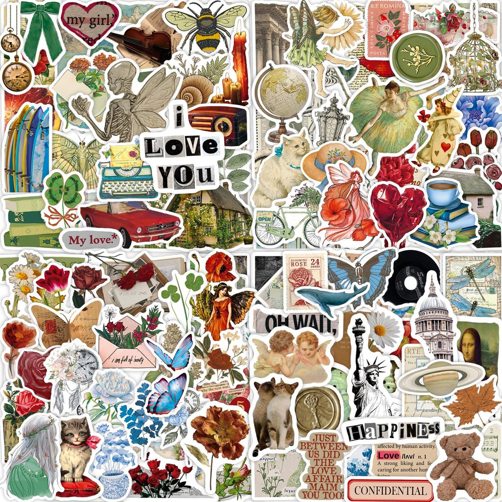 Collage of 200 vintage-style vinyl stickers featuring various retro designs like cats, fairies, flowers, and landmarks.