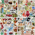 Collage of 200 vintage-style vinyl stickers featuring various retro designs like cats, fairies, flowers, and landmarks.