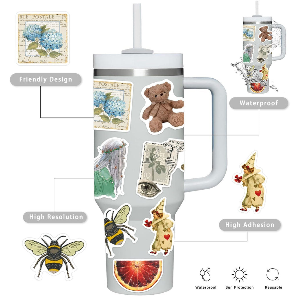 Various vintage vinyl stickers applied to a large tumbler with a handle, including a bee, teddy bear, and floral designs.