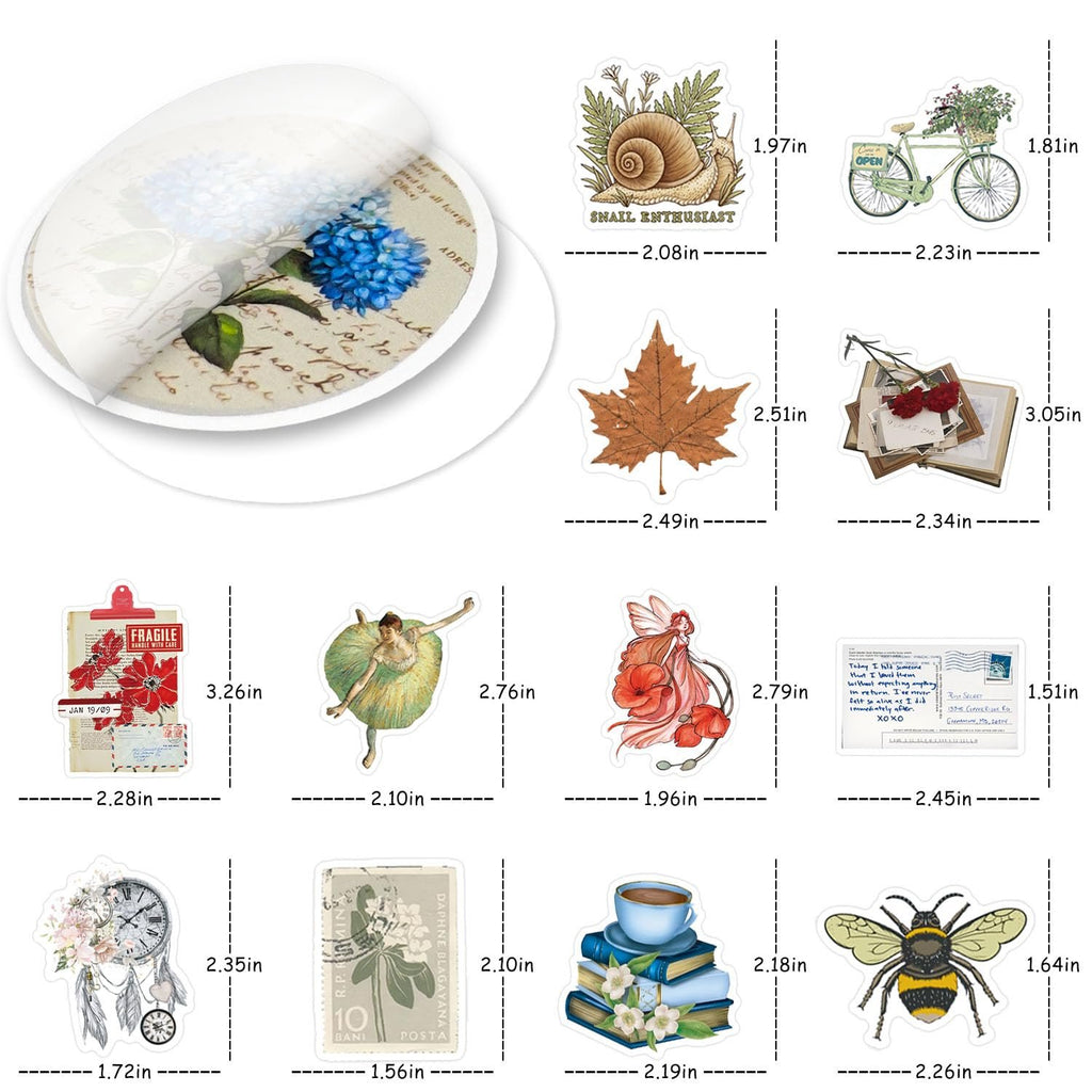 Collage of various vintage-style stickers including a hydrangea flower, snail, bicycle, maple leaf, ballet dancer, fairy, clock with dreamcatcher, teacup on books, and a bumblebee.