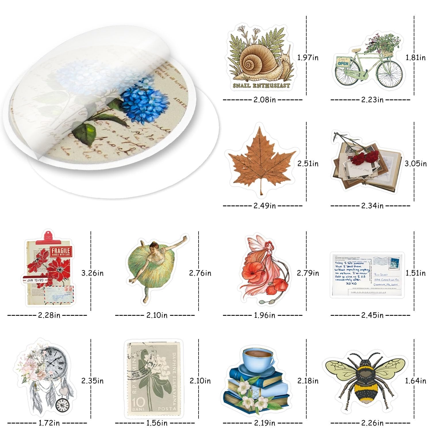 Collage of various vintage-style stickers including a hydrangea flower, snail, bicycle, maple leaf, ballet dancer, fairy, clock with dreamcatcher, teacup on books, and a bumblebee.