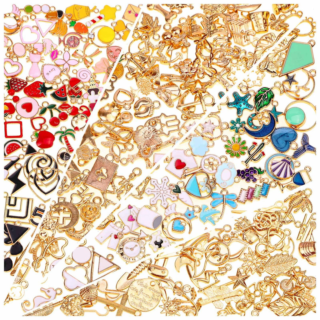 Assortment of 200 mixed metal and enamel jewelry charms in various shapes and colors, including fruits, animals, and symbols.