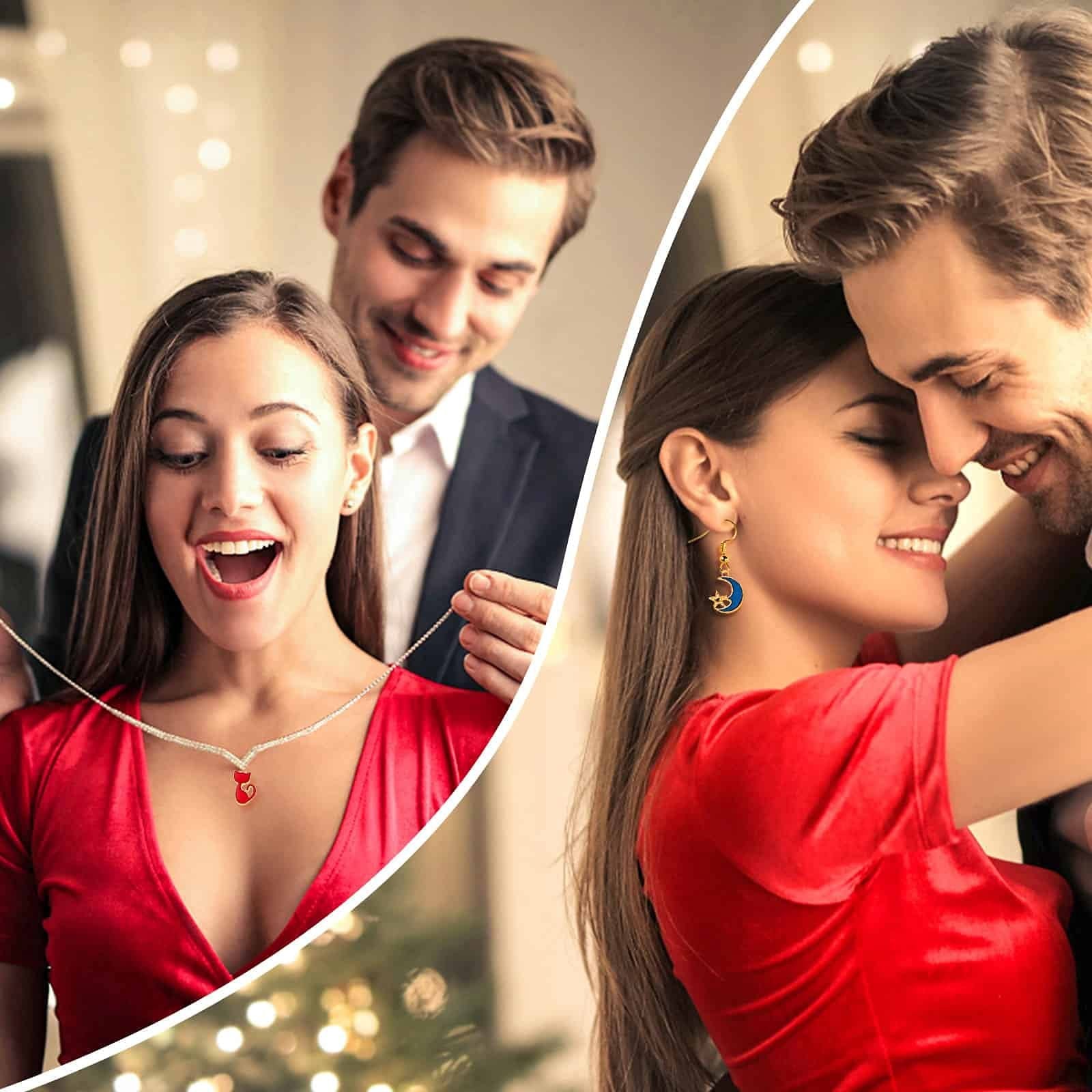 Couple celebrating with jewelry gifts, woman receiving a necklace and wearing earrings