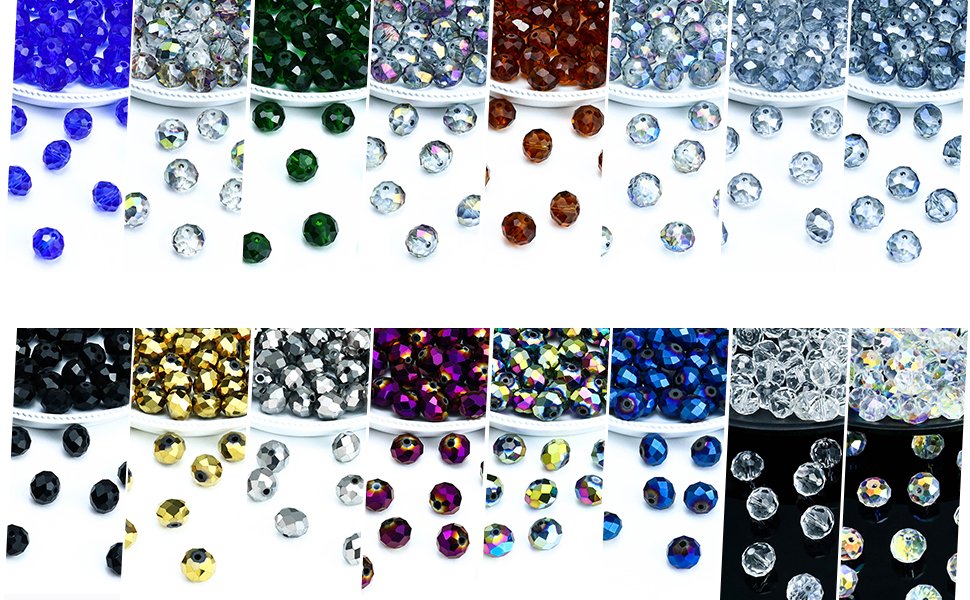 Collage of faceted glass beads in various colors including blue, green, amber, black, gold, silver, purple, and clear.