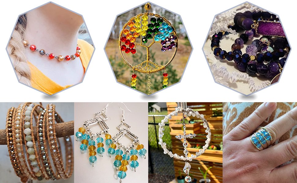 Collage of jewelry and crafts made with beads, including a necklace, tree of life suncatcher, bracelets, earrings, and a ring.