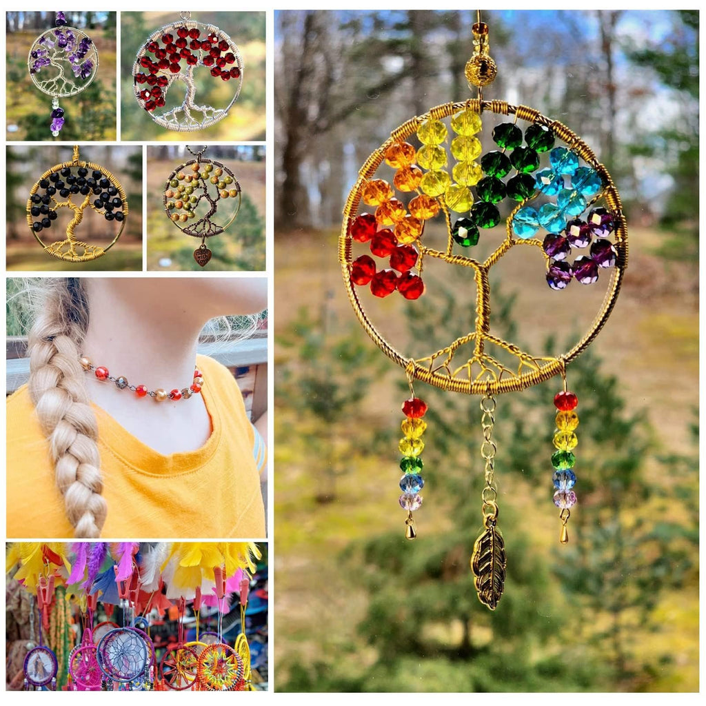Collage of jewelry and dreamcatchers: rainbow tree of life suncatcher, beaded necklace on a person, and colorful dreamcatchers.