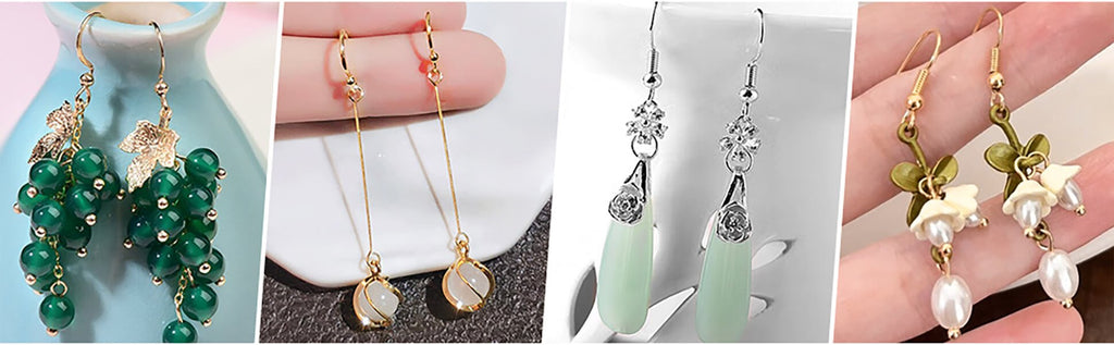Collage of four pairs of dangle earrings: green grape-like beads with gold leaves, white stone teardrops on gold chains, clear crystal and green jade teardrops, and white flower and pearl drops on green stems.